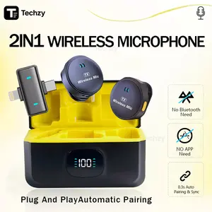 Techzy Q2  Wireless Microphone 2-In-1 Clip On Mic Magnetic Mikrofon HP Plug & Play Dual Lavalier Microphone with Charging Case Clip on untuk TikTok YouTube Facebook Live Stream