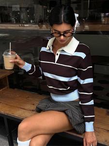 Suéter de punto holgado y casual de estilo universitario para mujer, con cuello tipo polo, rayas y color azul, ideal para otoño e invierno