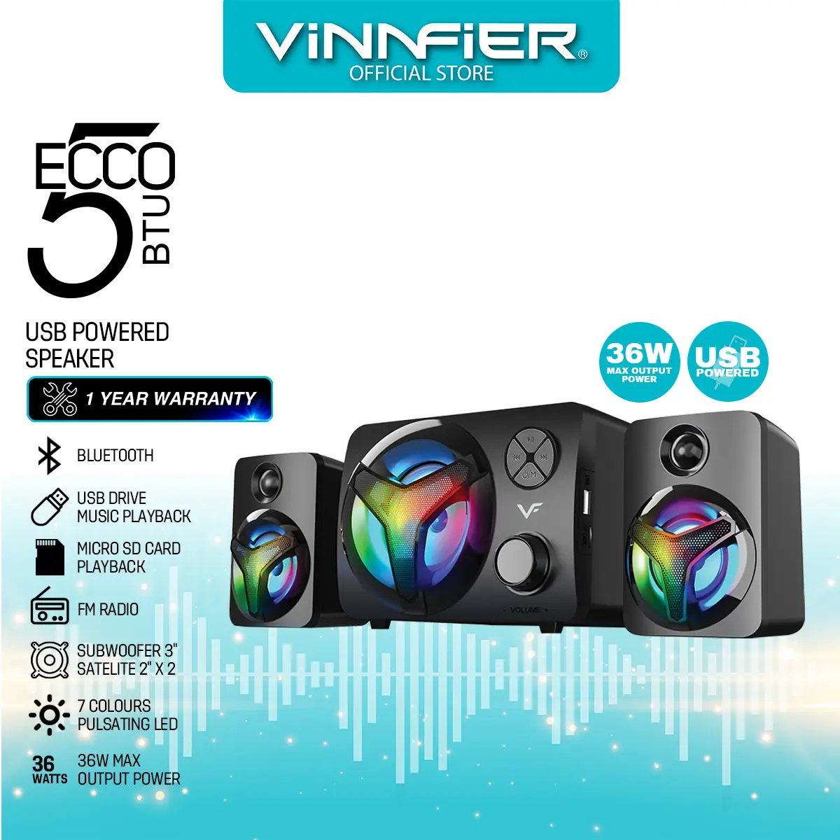 VINNFIER ECCO 5 BTU Bluetooth 2.1 Speaker LED Lights FM Radio Micro SD Card USB Slot Audio Wireless Subwoofer vinn fier