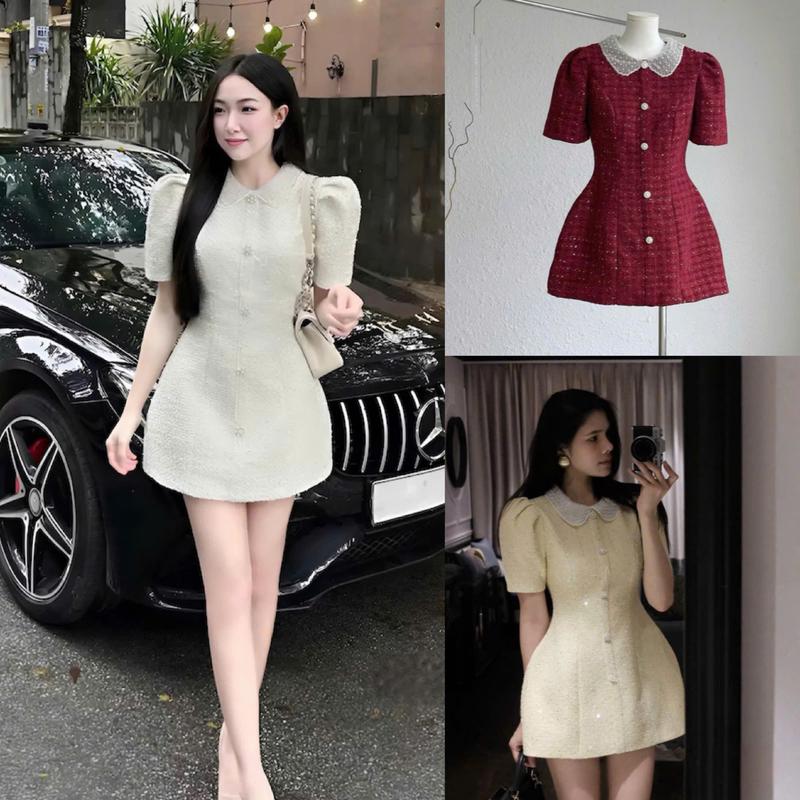  Váy Dạ Cổ Bẻ Đính Ngọc Vai Bồng Xòe Tiểu Thư Váy Ngắn Chiết Eo Dự Tiệc Đi Chơi Sang Chảnh  Nhận làm theo yêu cầu  