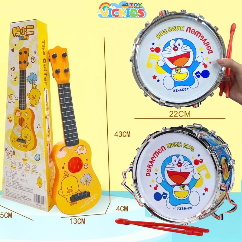 Đồ Chơi Đàn Ghi Ta Cho Bé, Đàn Ukelele Hình Vịt Vàng Dài 45cm Kèm Móng Gảy Đàn, Trống Doraemon 2 Mặt Vừa Chơi Vừa Học Phát Triển Kỹ Năng Âm Nhạc Kem Toy