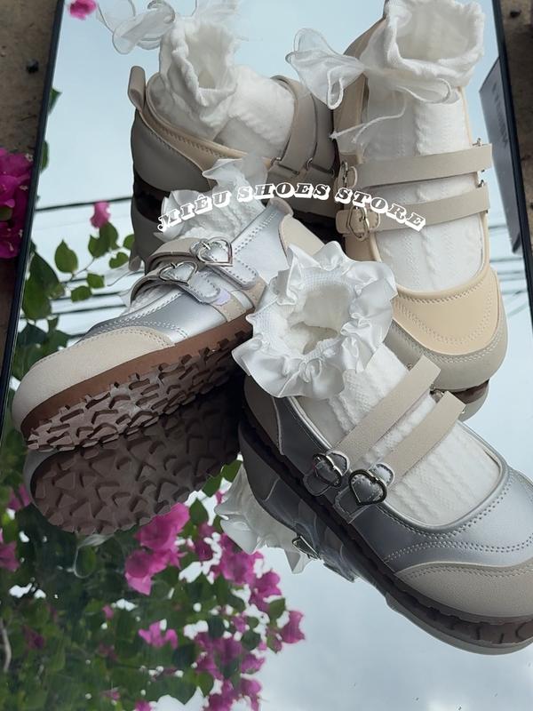 [ Lùi 1 Size ] Giày Mary Jane Nữ Phối Da Lộn Vintage Hàn Quốc, Lót Cao Su Non Siêu Êm – 2 Quai Gài Kết Hợp Khóa Trái Tim Cực Xinh Xắn, Cực Nịnh Chân ( V13 )