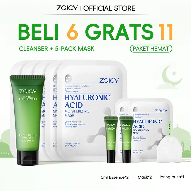 [BELI 6 DAPAT 11] ZOICY 11 Pcs Paket Skincare Set | Cleanser + Masker 5-piece Kit | Hyaluronic Acid Moisturizing Brightening Mask 4X Asam Amino Low pH Rendah Pembersih Wajah Face Wash Sabun Facial Niacinamide 0