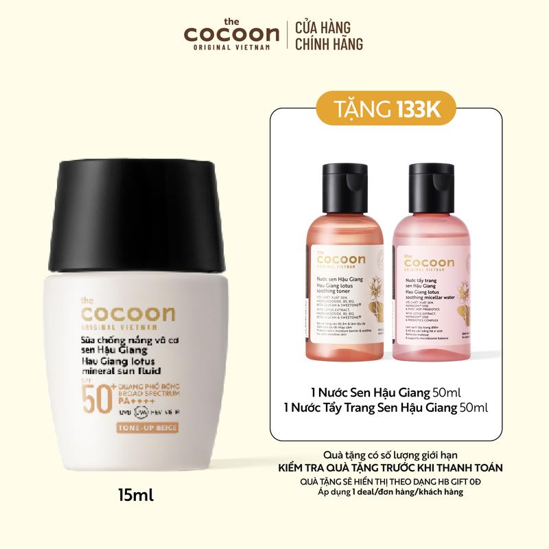 Sữa chống nắng vô cơ sen Hậu Giang - Tone up Beige Cocoon 15ml - Nâng tông tự nhiên, bảo vệ cho da rất nhạy cảm