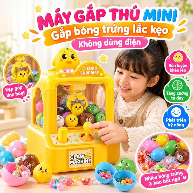 Máy gắp thú mini cho bé, nhựa ABS, 10x10x13.5cm, 0.2kg, kèm 12 đồ chơi tẩy và 10 capsule rỗng, đèn LED và nhạc, rèn tay mắt, tập trung, màu xanh dương vàng nâu, cho trẻ 6-8 tuổi, quà tặng.