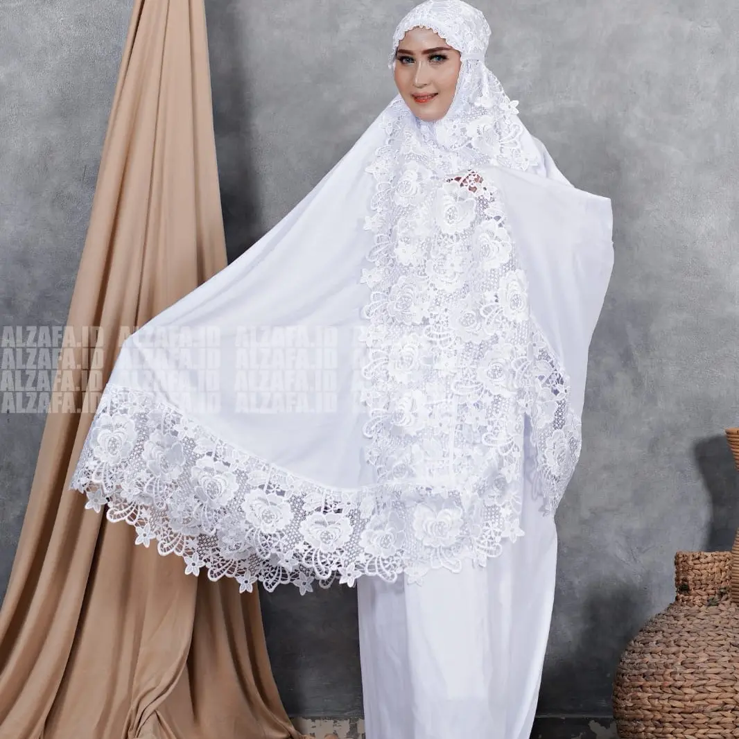 Mukena Dewasa Jumbo Katun Mikro Putih Bersih/Brokenwhite Renda Motif Bunga Mawar Import Cantik