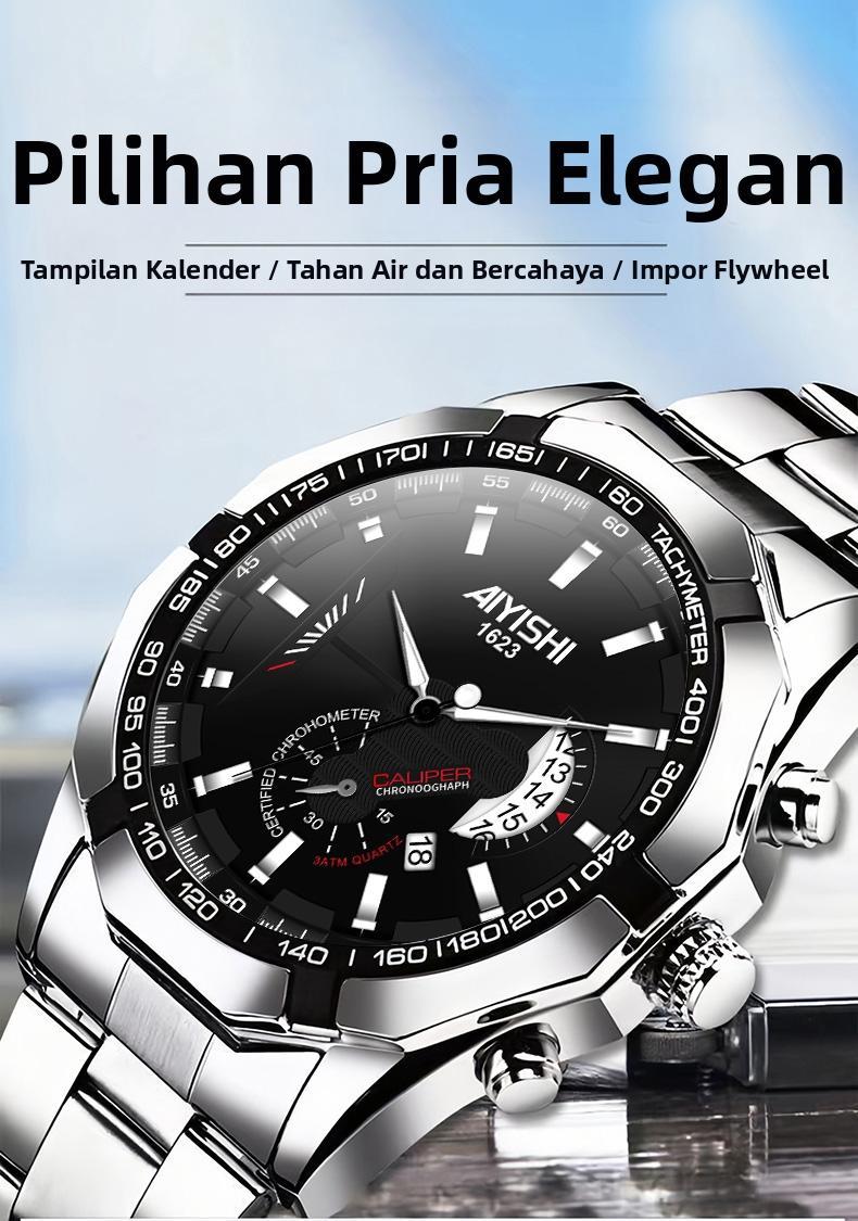 AIYISHI Jam Tangan Pria Mewah & Sporti 1623 Multifungsi Tahan Air 30M Dial Hitam Bodi Stainless Steel Garansi 2 Tahun Kaca Kristal Kuarsa Otomatis