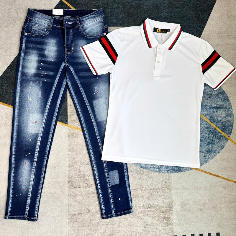 COMBO SIÊU ĐẸP QUẦN JEANS NAM  XANH 2 ĐÁY VẨY SƠN TRẮNG ĐỎ TẠO ĐIỂM NHẤN , CHẤT DENIM DÀY DẶN CO GIÃN TỐT PHỐI ÁO POLO TRẮNG ĐI VIỀN SỌC ĐỎ Ở CỔ , TAY MẪU MỚI HOTTREND