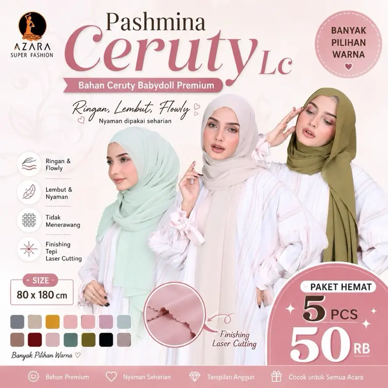 PASHMINA CERUTY BABYDOLL PREMIUM LC SUPER PROMO 5pcs
