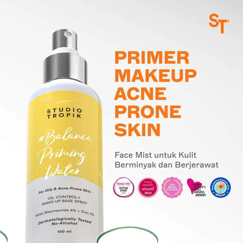 STUDIO TROPIK Balance Priming Water | Primer Face Mist Spray Rekomendasi MUA | Makeup Complexion | Kulit Berjerawat, Acne prone, oily berminyak | Dengan Niacinamide dan Zinc| Finish Matte 0