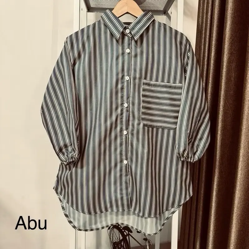 Kemeja Stripe  Oversized - Atasan Wanita - Pakaian Wanita - Stripe Shirt Atasan Wanita Lengan Panjang Katun Salur Baju Garis 4