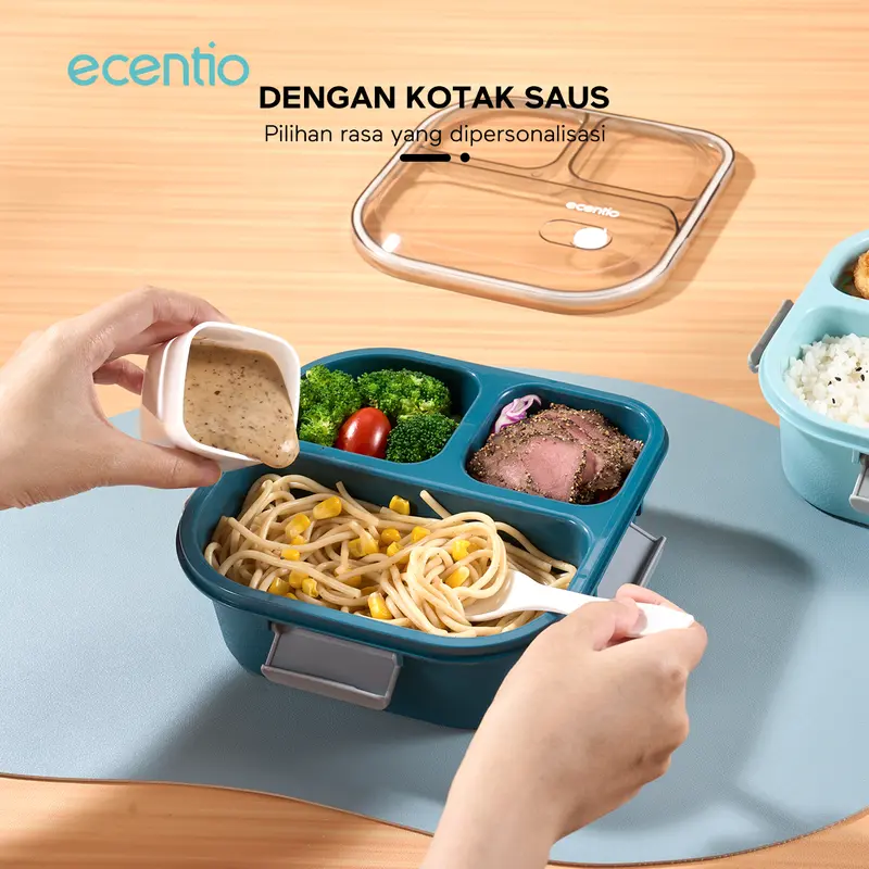 【2pcs】【BPA FREE】ecentio  lunch box settempat bekal makan kotak bekal anti tumpah 3 grid 1100ml Kotak makan wadah bekal anti tumpah kotak sup 100ml Free Sendok Kitchenware 8