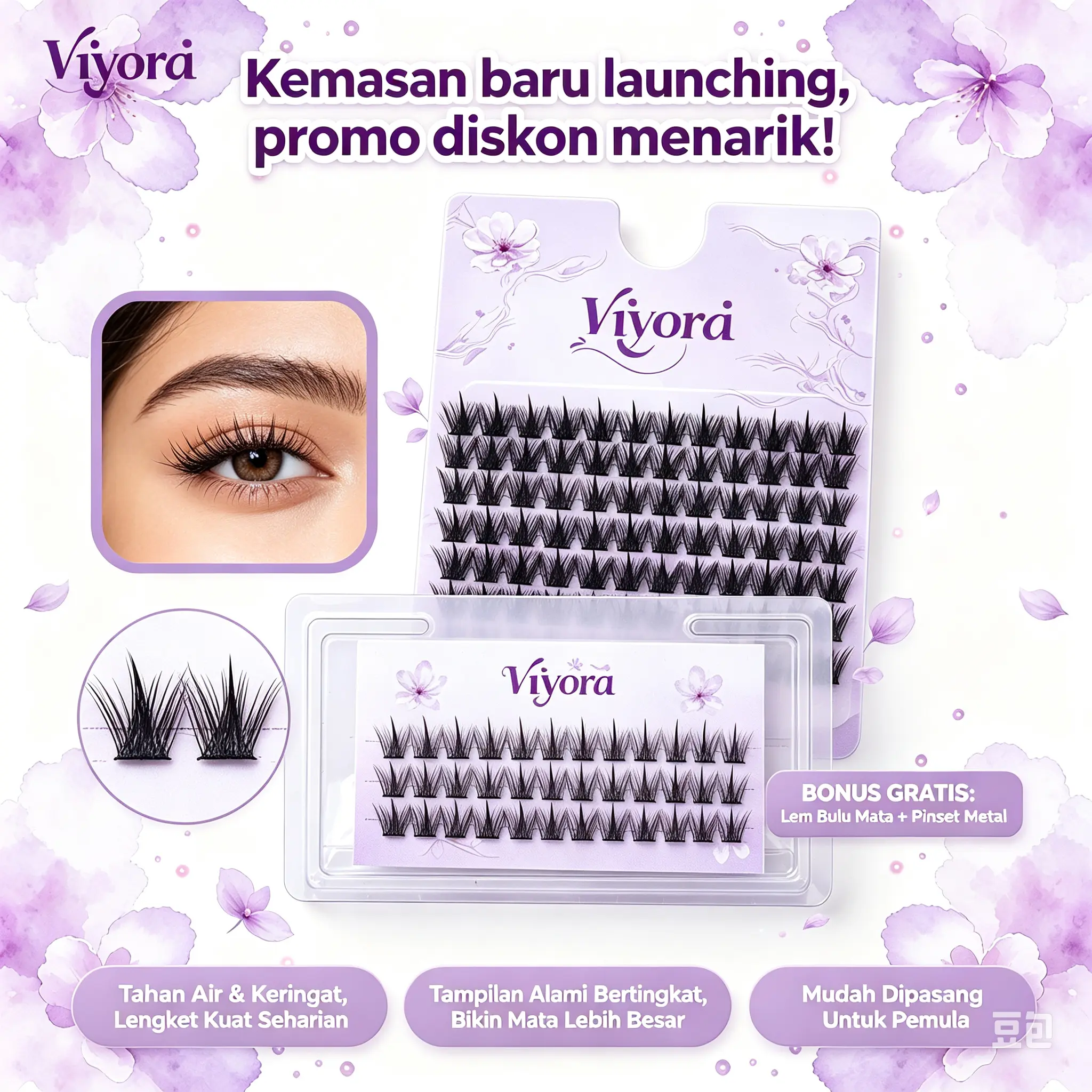 Viyora Bulu Mata Palsu 3 Baris + Lem & Alas Aplikasi - Set Lengkap, Volume Extreme, Natural