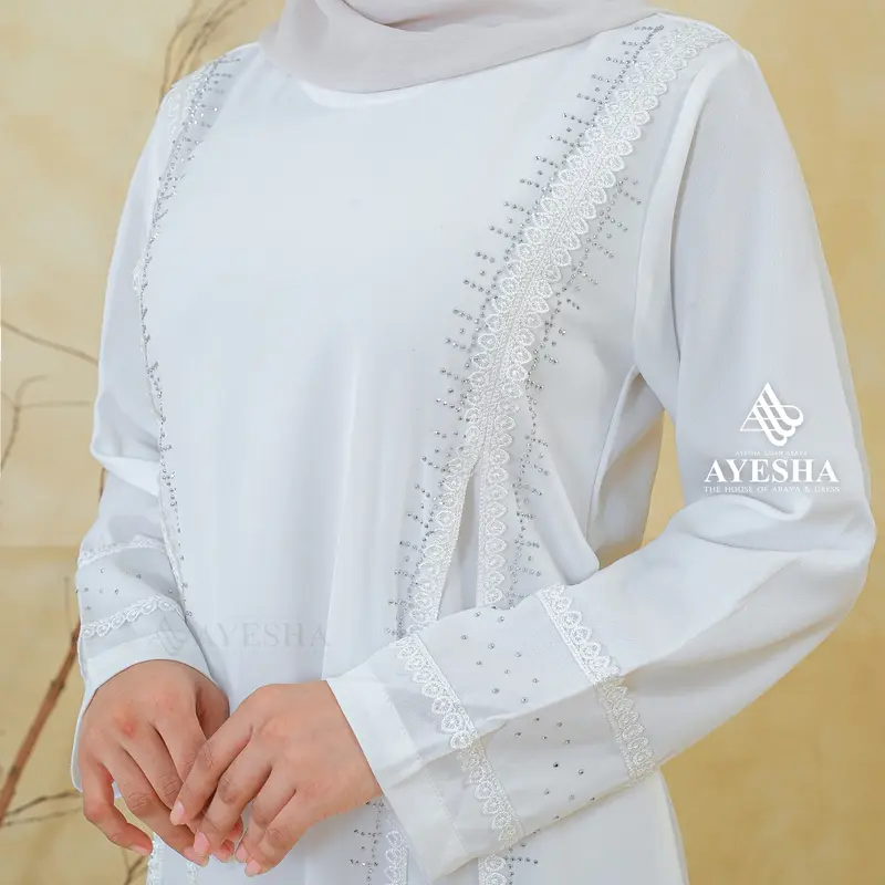 AYESHA Gamis Putih Wanita Kekinian Abaya Turkey Terbaru Mewah Elegan Premium 044 Putih 5