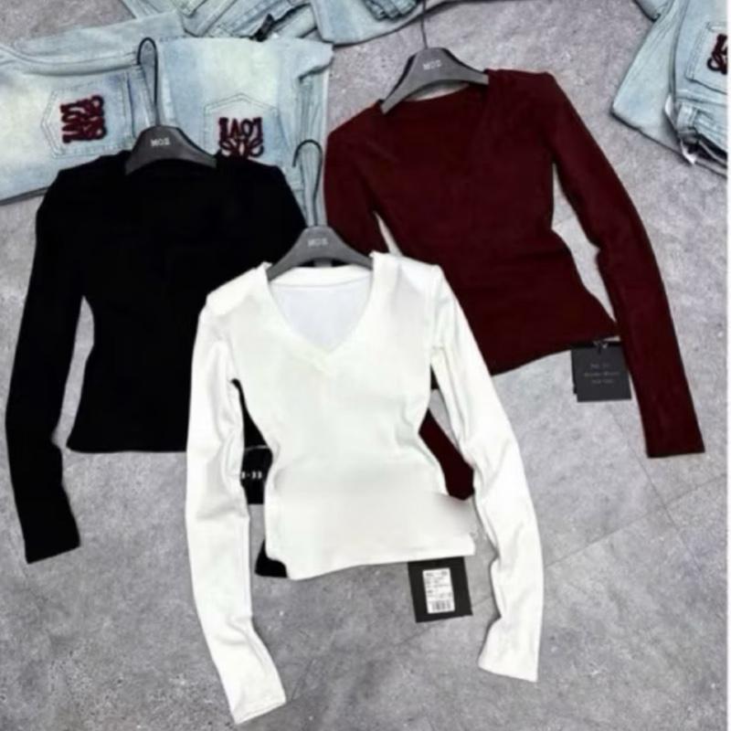 A09 Áo thun nữ tay dài cổ tim thời trang vải gân tăm cao cấp size dưới 53kg