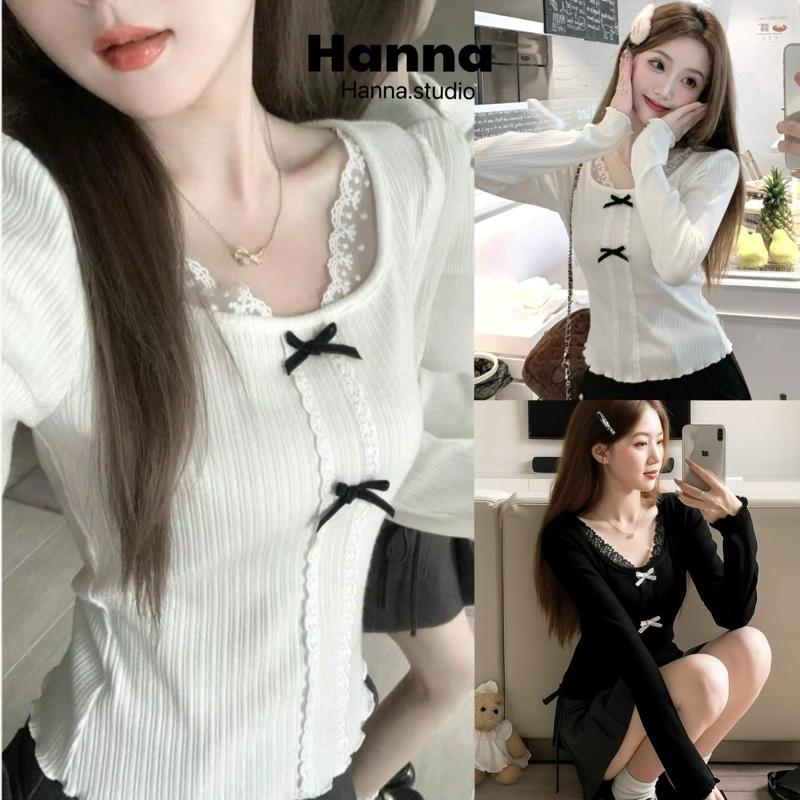 Áo Thun Len Dài Tay Kiểu Tiểu Thư Viền Bèo Cổ U Phối Ren Đính Nơ thời trang nữ Top QC