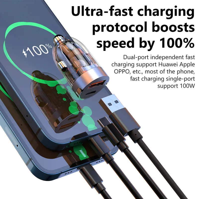 Bộ sạc ô tô, USB Type C, Nhẫn kéo trong suốt và Vô Hình 120W, QC3.0 PD Sạc siêu nhanh, Bộ Chuyển Đổi bộ sạc điện thoại, Thích hợp cho điện thoại di động, Tương thích với iPhone, Xiaomi, Samsung, Phụ kiện 7