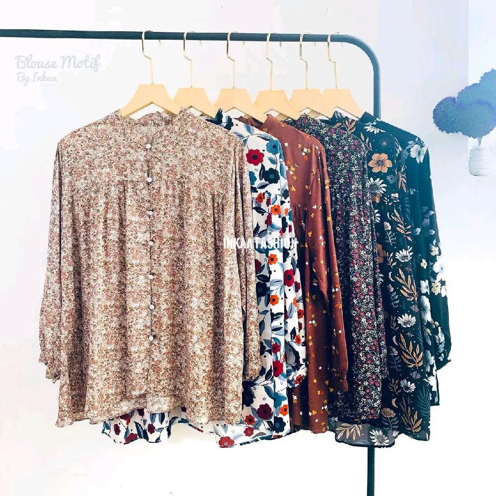 Blouse Motif Korean Style Premium Rayon Atasan Wanita Kekinian Lengan Panjang Casual Jumbo