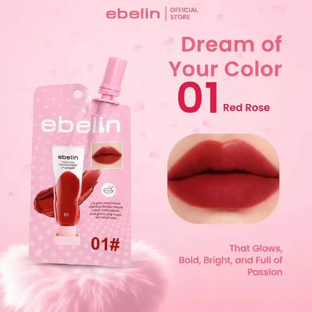 Ebelin Color Stay Transferproof Lip Lacquer 3ml - Lipstick Gloss Liquid Lipstik Waterproof Mauve Mawar Merah Red Kosmetik Glaze Berry