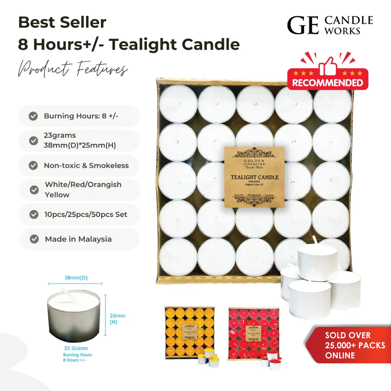 GE Candle Works 8 Hours+/- Burning Unscented Palm Tealight Candles (23grams) *3 Colors to choose*