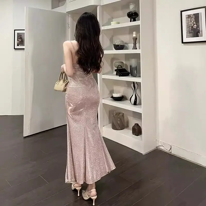 25018 summer soft nude blush pink off shoulder prom dress elegant midi dress  Korean fairy style