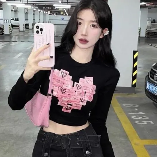 KM COLLECTIONN LONGSLEVEE PINK HEART WANITA Crop 1