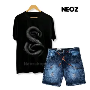 Setelan Kaos Distro Motif Ular Dan Celana Jeans Pendek Sobek Pria Dewasa - Katun Hitam