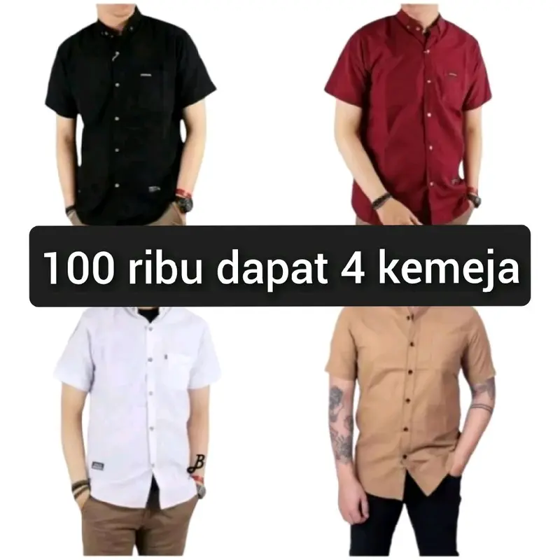 100 ribu dapat 4 kemeja polos lengan pendek pria bebas pilih warna sof katun hitam putih baju Cowok Hem 0