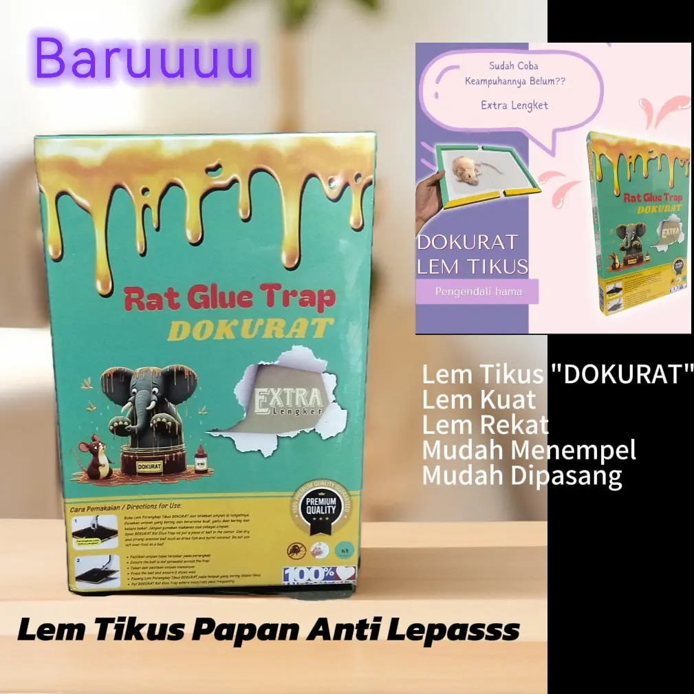 "DOKURAT" Lem tikus papan untuk membasmi hama tikus, kecoa dan hama lain yg kenyamanan rumah anda mudah dipasang tinggal membuka dan menempatkan ditempat yg sering di lewati tikus Plastik