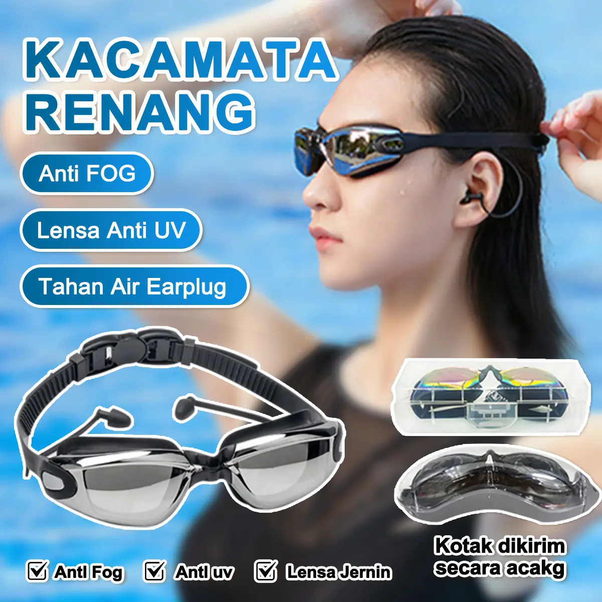 Kacamata Renang Remaja Dewasa Anti Fog UV Protection dengan Penutup Telinga/Kacamata Renang Dewasa Anti UV Fog Mirrored / Kacamata renang anti/Kacamata renang Olahraga