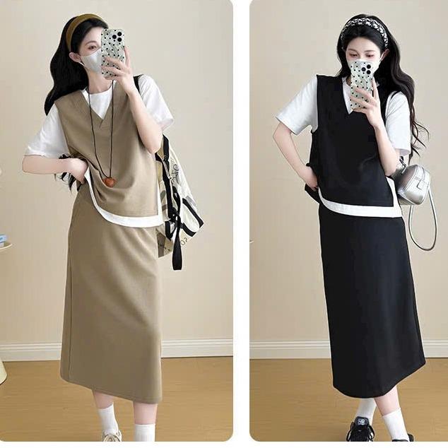  Set Đầm Bầu Váy Bầu Kèm Áo Bầu Phối Gile Và Chân Váy Suông Tay Cộc Đi Làm Đi Chơi Đi Du Lịch Mùa Hè Lịch Sự Nhã Nhặn HR023 