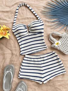 Conjunto de top con hombros descubiertos a rayas y shorts para mujer, ropa casual para vacaciones, fiestas y playa, perfecto para ocasiones festivas, cómodo y elegante