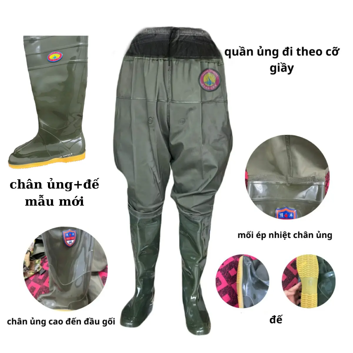 quần ủng 2 lớp lội nước lội bùn đi theo cỡ giầy Chống nước màu xanh rêu