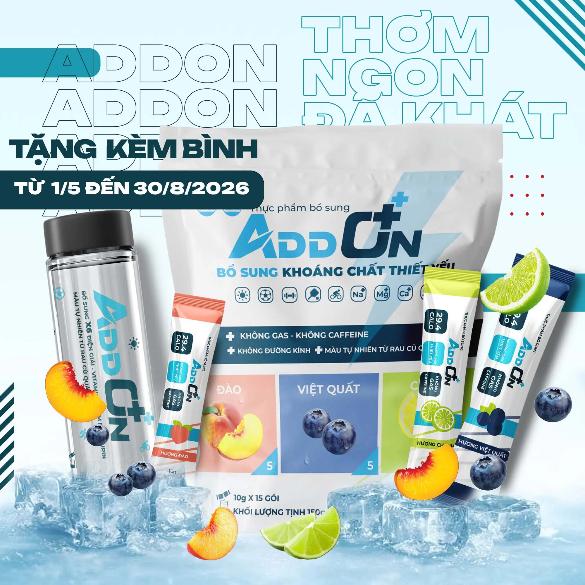 ADDON vị tổng hợp bột uống thể thao ít calo Hỗ trợ bù nước, bổ sung điện giải và muối khoáng thiết yếu