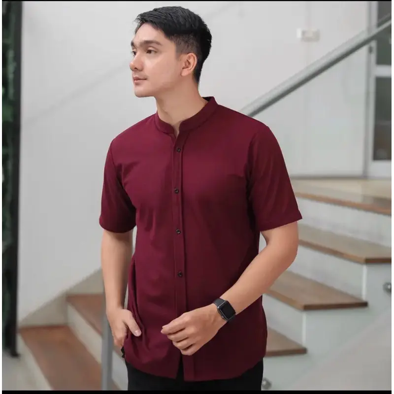 ALJOSA Kemeja Pria Polos Shanghai Maroon Lengan Pendek Kerah Koko Grandad Slimfit 2