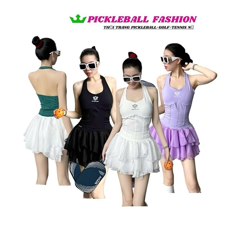 [PICKLEBALL] Set thể thao nữ pompeche chất liệu voan tơ kết hợp lulu co giãn ôm body tôn dáng, mềm mại - pickleball,golf,tennis..