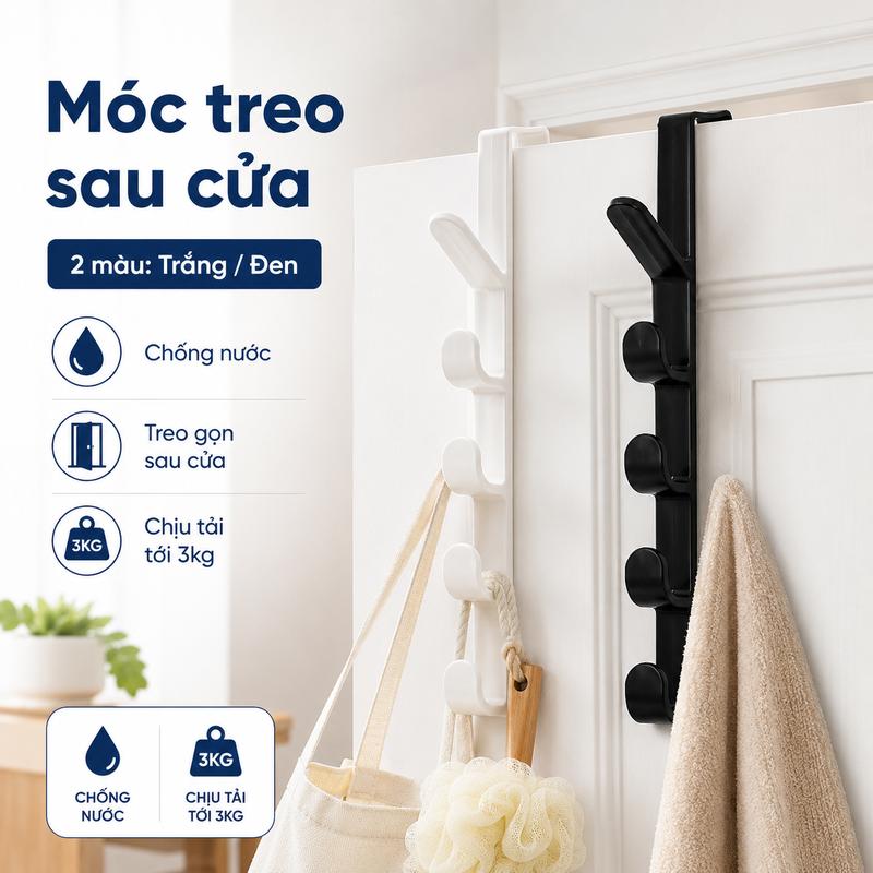 Móc treo đồ sau cửa tủ 5 móc bằng nhựa treo quần áo mũ nón tiết kiệm không gian…