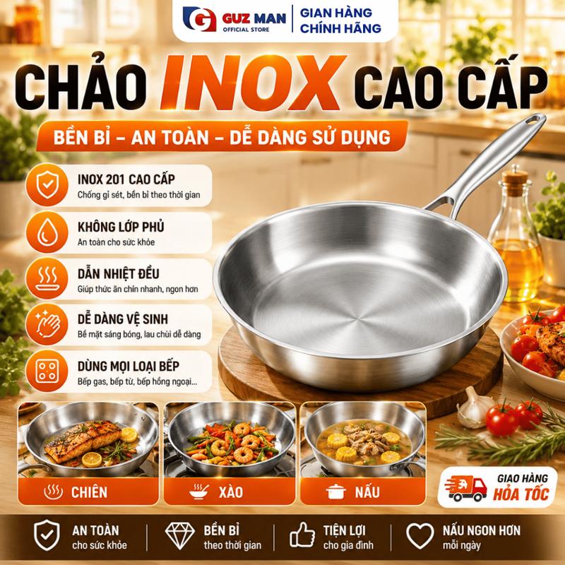 Chảo INOX Cao Cấp Nguyên Khối 3 Lớp 22-26cm Chống Dính Truyền Nhiệt Nhanh Phù Hợp Mọi Loại Bếp