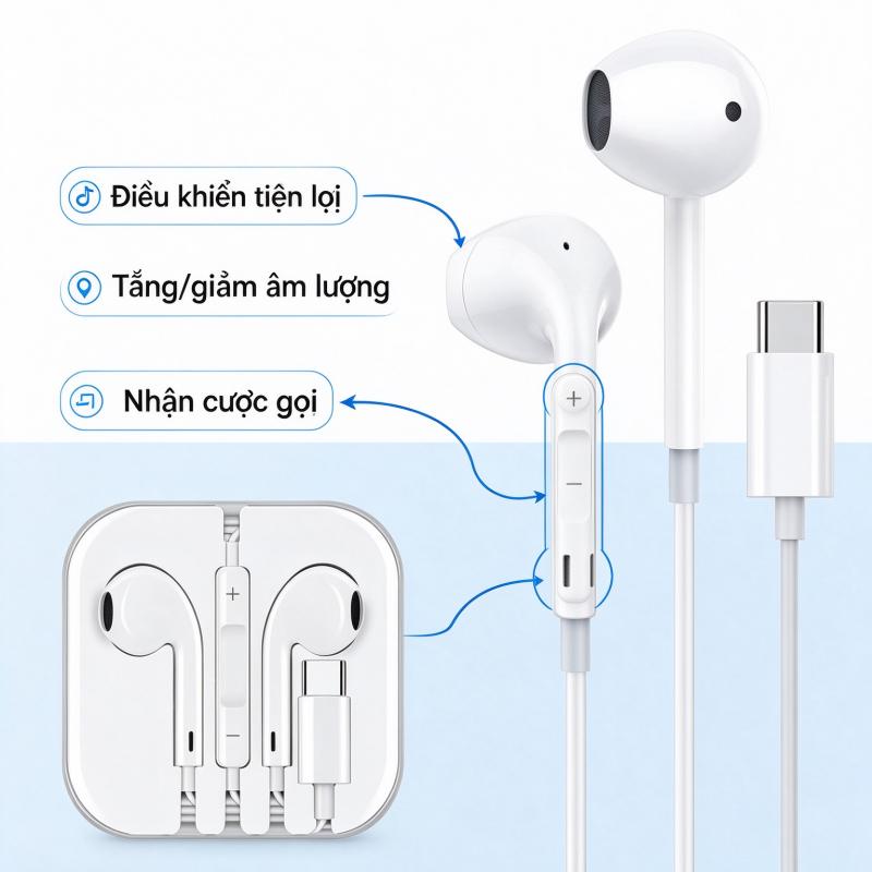 Tai nghe có dây Type-C chip số, bán nhét tai có mic điều khiển trên dây, âm thanh chất lượng cao