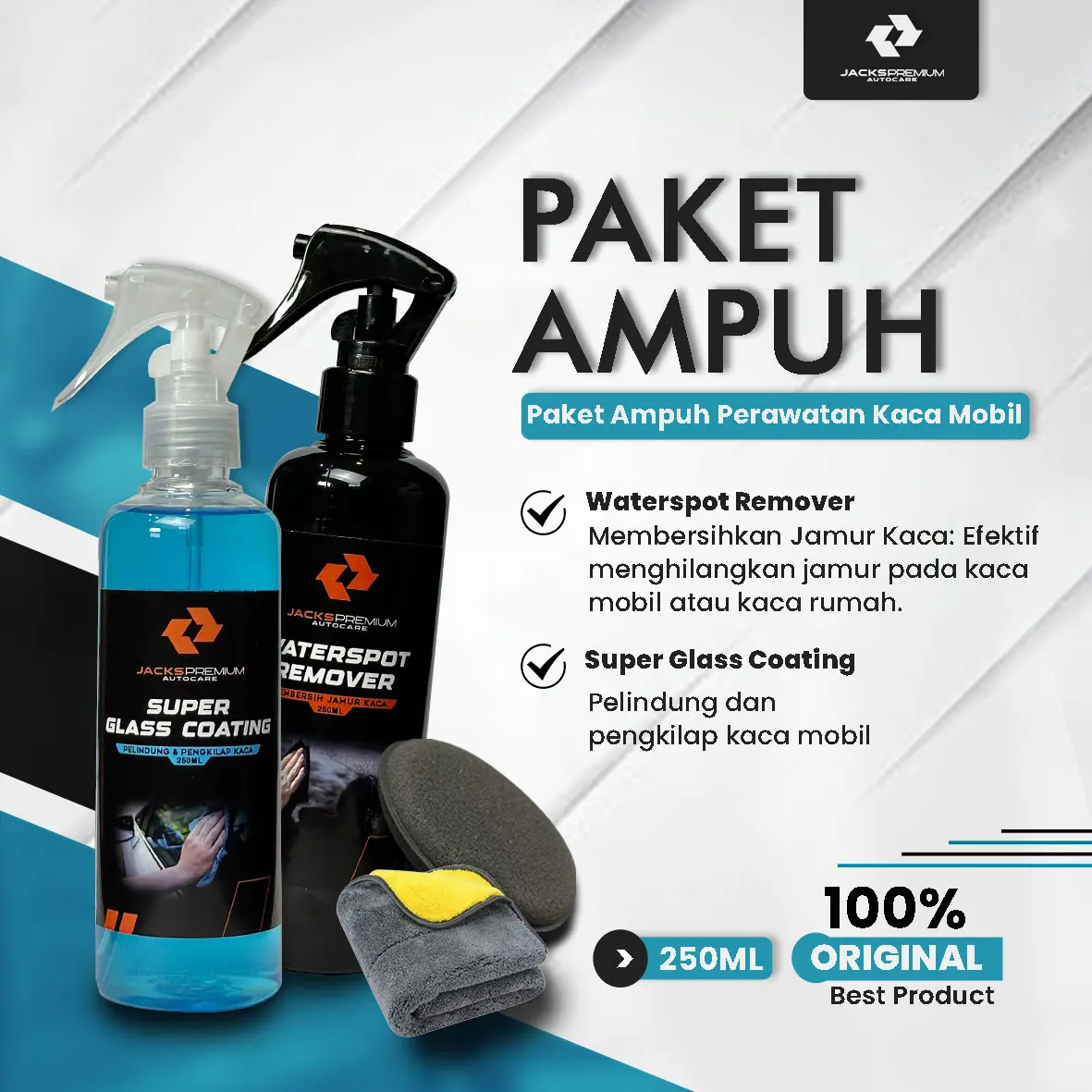Paket Kaca Mobil Jacks (Pembersih Jamur Kaca, Super Glass Coating, dan Kain Lap Microfiber) - Efektif Hilangkan Jamur dan Pelindung Kaca Mobil