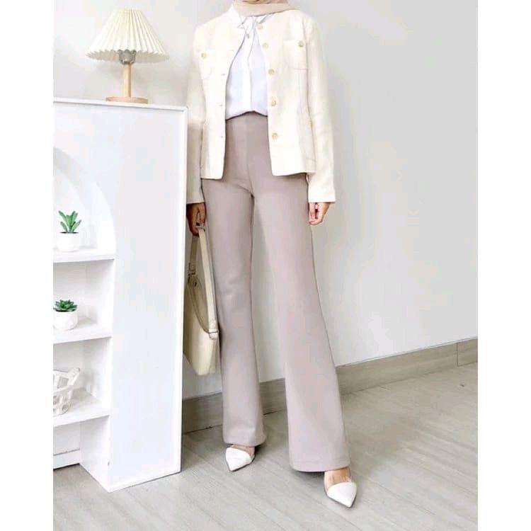 Celana Scuba Cutbray High Waist Premium Tebal ENCUBRAY - Kulot Basic Kantor Hitam Panjang Melar - Casual Wanita Formal Kerja 2