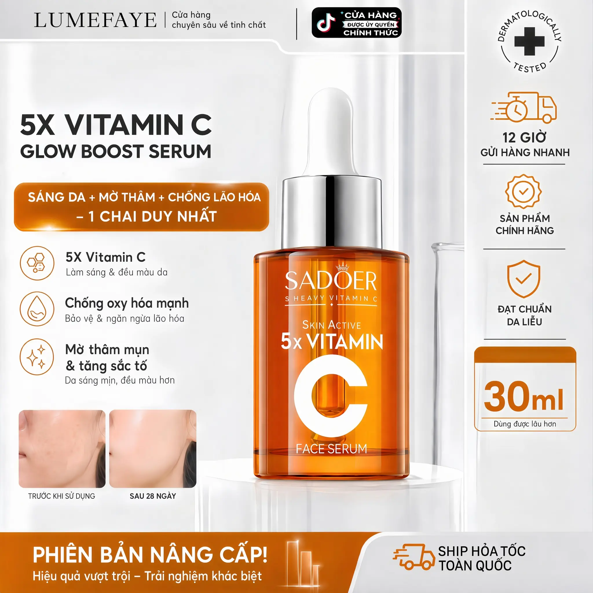 Serum Vitamin C làm sáng da | Se khít lỗ chân lông, mờ thâm, chống oxy hóa | Thẩm thấu nhanh, không nhờn | Tái tạo da hư tổn | 30ml