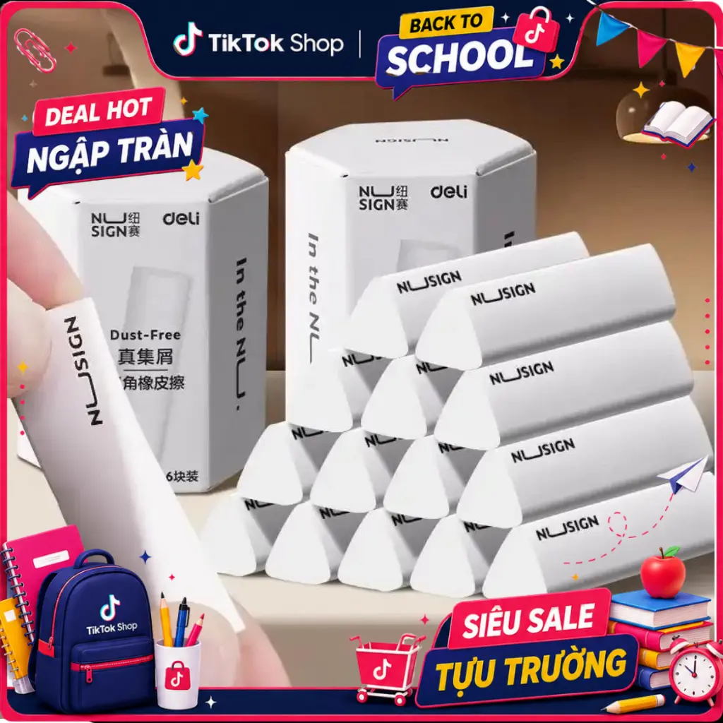 Set 4/5/6 tẩy không vụn Nusign x Deli - Cục gôm tẩy trắng siêu sạch cho học sinh, mĩ thuật sạch từ nét nhỏ lẫn mảng lớn, vụn được thu gọn