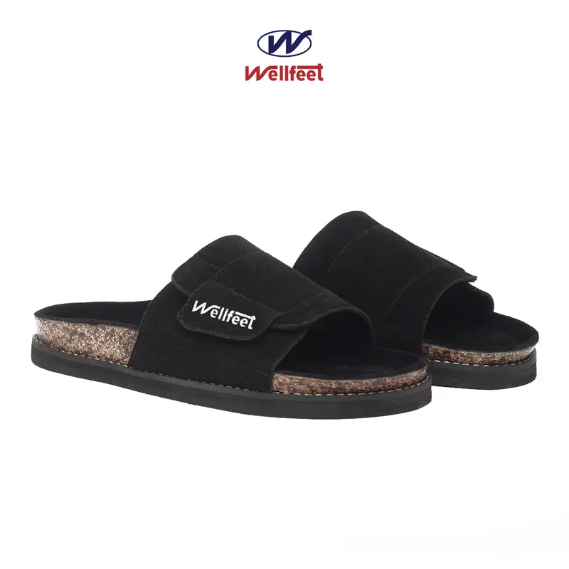 Wellfeet Ltd - Sandal Casual Santai Slide Pria Slip On Black/Tan -Cozy Suede Jepit Sendal Karet 1