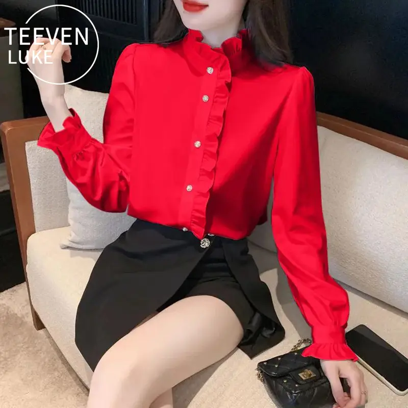 Áo Cánh Cổ Xếp Ly Lấy Cảm Hứng Từ Hoàng Gia, Phong Cách Sang Trọng Kiểu Pháp, Áo Nữ Độc Đáo Hàng Mới Về Mùa Xuân / Mùa Thu, Áo Sơ Mi Xếp Lớp 1