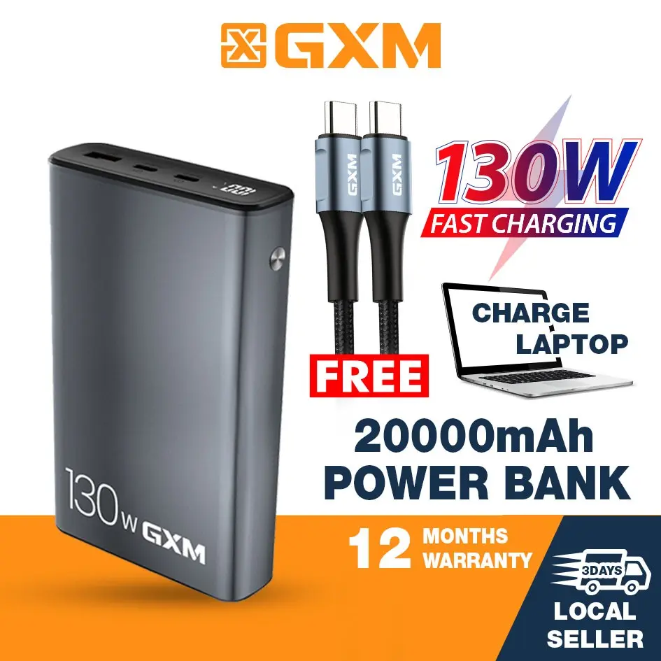 GXM 130W PD Power Bank 20000mAh Type C Fast Charge Rapid Charging Laptop Phone Tablet Powerbank Portable Charger For Laptop Macbook iPhone 14 Pro Max iPad Tablet 100W