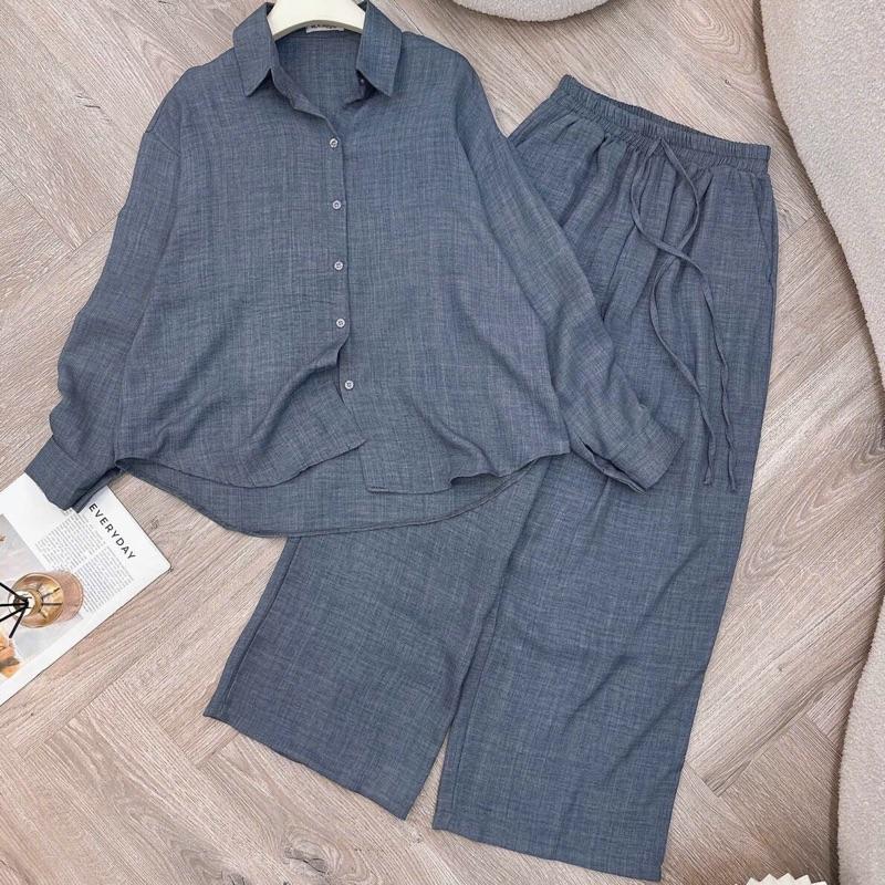  Q49 Set  áo sơ mi tay dài + quần dài 99cm vải đũi  form 40-60kg mang vừa phù hợp đi chơi . di du lich chất mát thoáng thấm hút mồ hồi Hằng tidy 