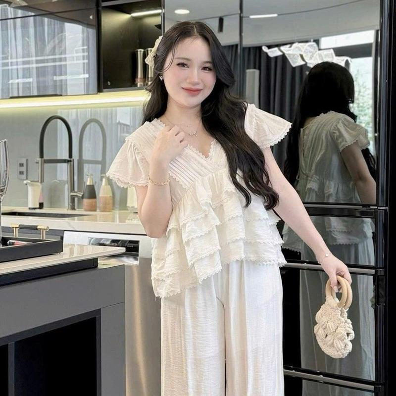 BIGSIZE HIẾU HIẾU (55-95KG) - Set bộ thời trang nữ Áo babydoll tầng + Quần suông dáng dài S645
