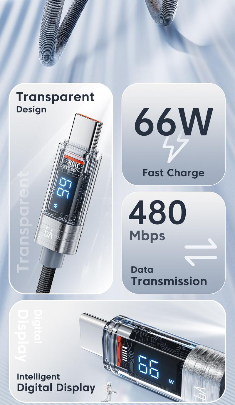 Product Introduction of Toocki 100W Transparent Type C To Type C Cable PD 3.0 QC 4.0 Fast Charger USB C to USB C Display Cable For Xiaomi Samsung Type C Cable 10