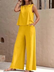 Elegante conjunto de dos piezas para mujer, chaleco de cuello redondo y pantalones anchos, perfecto para uso informal, elegante para uso diario